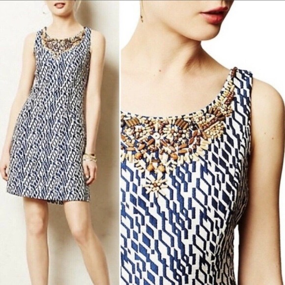 Anthropologie Moulinette Soeurs beaded neckline blue & white lined Dress Size 2 - Picture 1 of 11